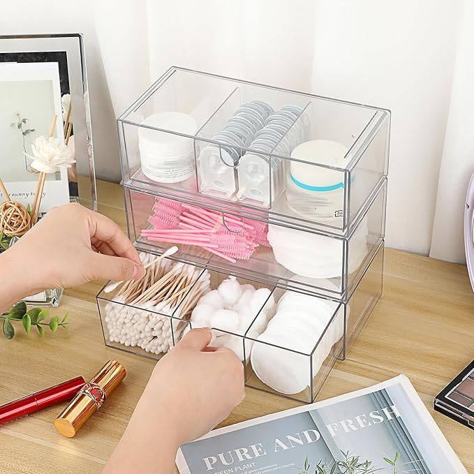 Hipiwe Acrylic Storage Drawers 3-Tier Stackable Bathroom Makeup Organizer Cotton Swabs Qtip Holder for Vanity Cosmetics Clear Desktop Organizer with Removable Dividers, 8.1"Lx 3.9"Wx7.8"H