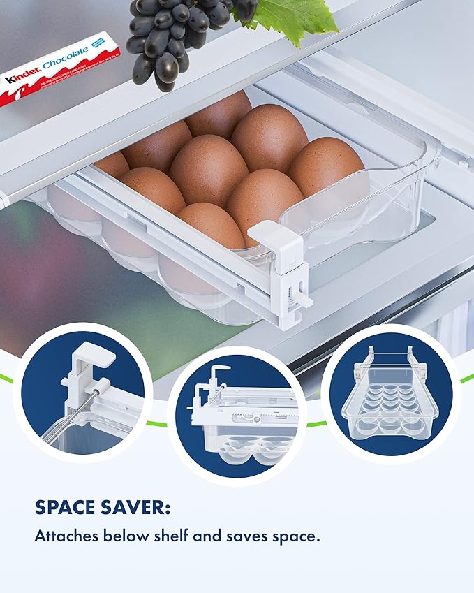 Skywin TidyFriend Refrigerator Egg Drawer 14"x7.5"x3.95" – Snap-On Egg Holder with Pull-Out Drawer, Holds 18 Eggs, Fits Flat Fridge Shelves 14.1–16.3 in Long and 0.93–1.32 in Thick