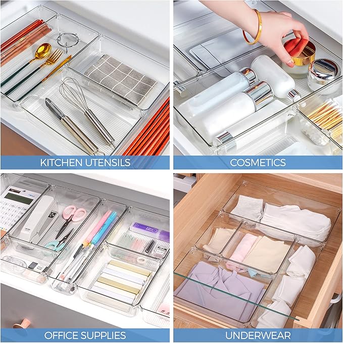 Ravinte 28 PCS Drawer Organizer Plastic Storage Bins, 4 - Size Kitchen Drawer Organizer with Non-Slip Pads Clear Desk Storage Tray for Makeup, Jewelries, Kitchen Utensils and Office