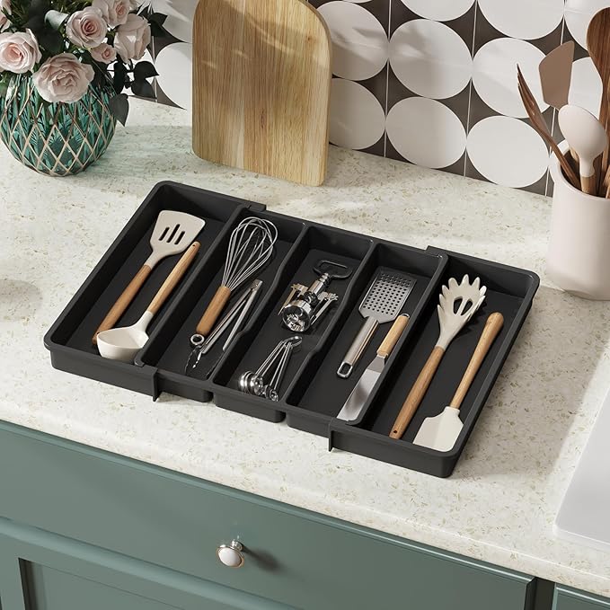 Lifewit Utensil Organizer for Kitchen Drawers, Expandable Cooking Utensil Tray, Adjustable Cutlery Silverware Flatware Holder, Plastic Spatula Tools and Gadgets Storage Divider, Black, 13"-22" x 15"
