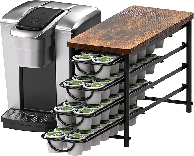 HFHOME Coffee Pod Holder with Wooden Top, Compatible with K-Cups, 4-Tier Coffee Capsule Storage Drawer, 56 Capacity Pods Organizer for Kitchen Counter, Home, Office, Black