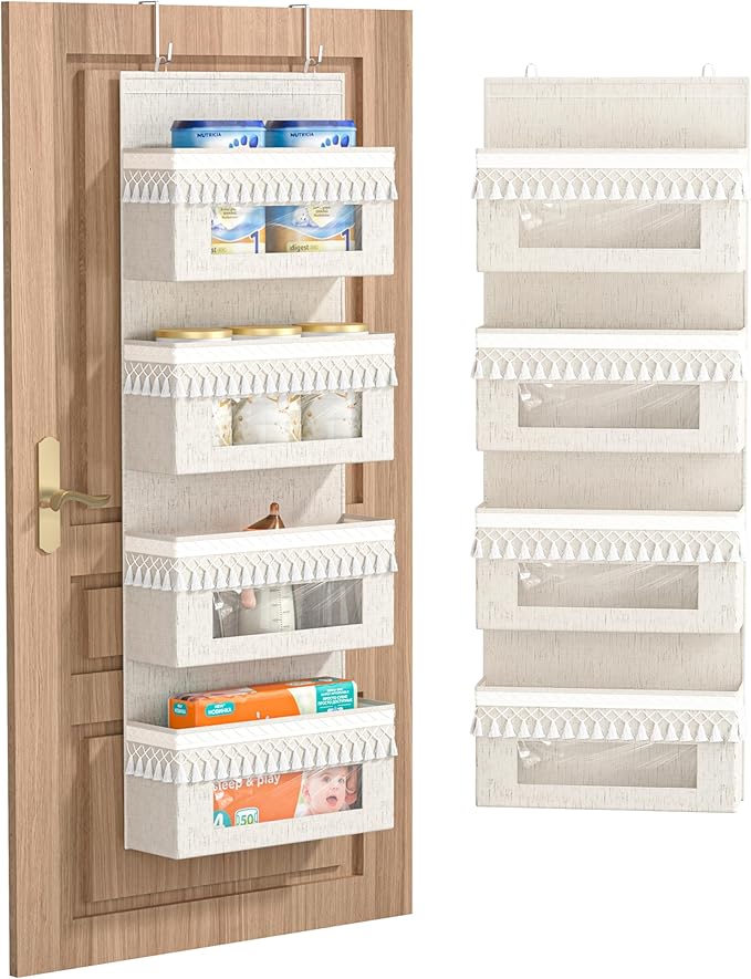 Aokeyee 4 Shelf Over The Door Organizer Nursery, Boho Closet Hanging Organizer Storage with Tassels and Clear Window, Behind The Door Storage for Baby Nursery, Bedroom, Bathroom, Laundry, Pantry