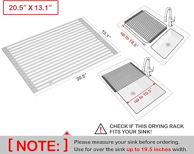 Surpahs Roll-Up Dish Drying Rack, Warm Gray, 20.5" x 13.1", Fits Sinks up to 19.5" Wide, Silicone-Coated Stainless Steel