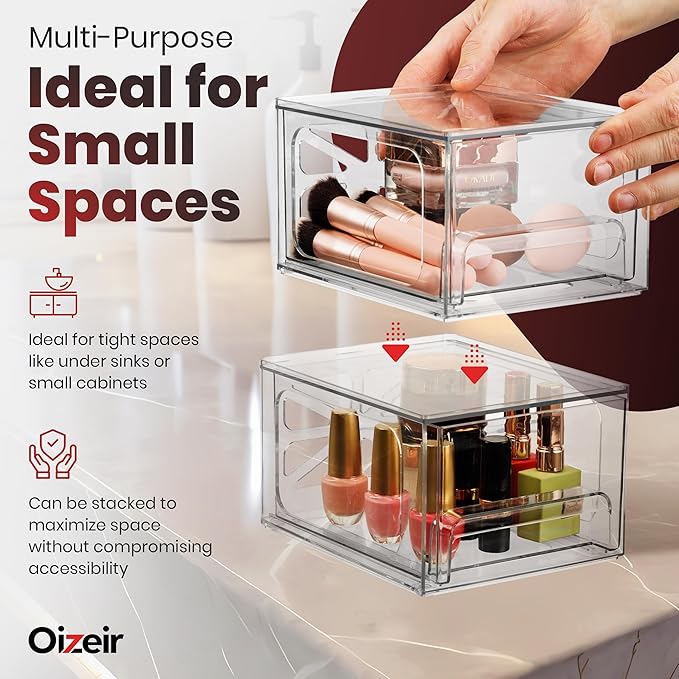 Clear Stackable Storage Drawers - 4-Pack Acrylic Makeup Organizer Bins for Vanity, Bathroom, Countertop, Cabinet, or Kitchen - Perfect for Cosmetics, Office, and Small Item Organization
