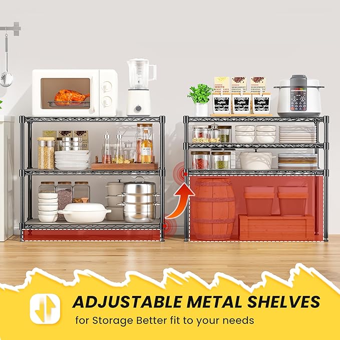 3-Tier Storage Shelves 795LBS Metal Shelving Unit, Adjustable Wire Rack Small Shelf Organizer with 3 Shelf Liners for Kitchen Pantry Office Bedroom Closet Garage 24" W x 14" D x 30" H Black