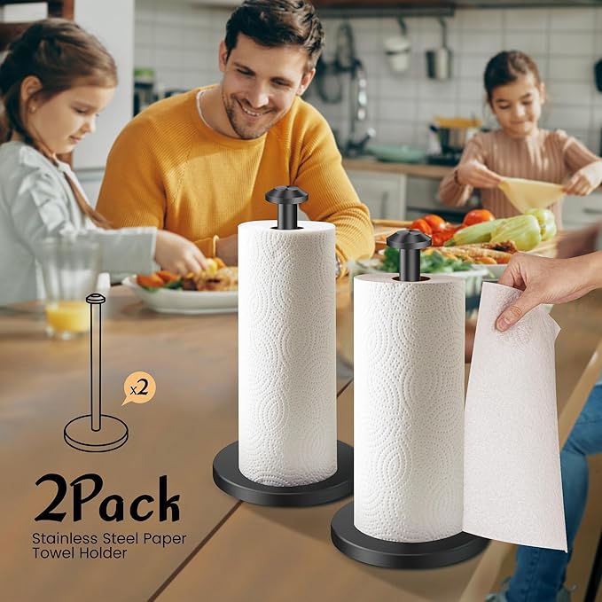 AOSION 2 Pack Paper Towel Holder, Stainless Steel Paper Towel Holder Countertop,Paper Towel Stand for Kitchen, Bedroom, Bathroom (Black)