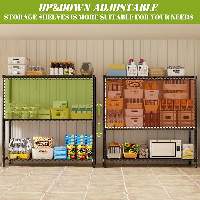 MODCART Storage Shelves, 4 PCS 48" L x 20" W x 47" H Heavy Duty Garage Wire Shelving Unit Loads 1200LBS, 3-Tier Adjustable Metal Industrial Utility Shelf Rack for Kitchen, Laundry Room, Basement