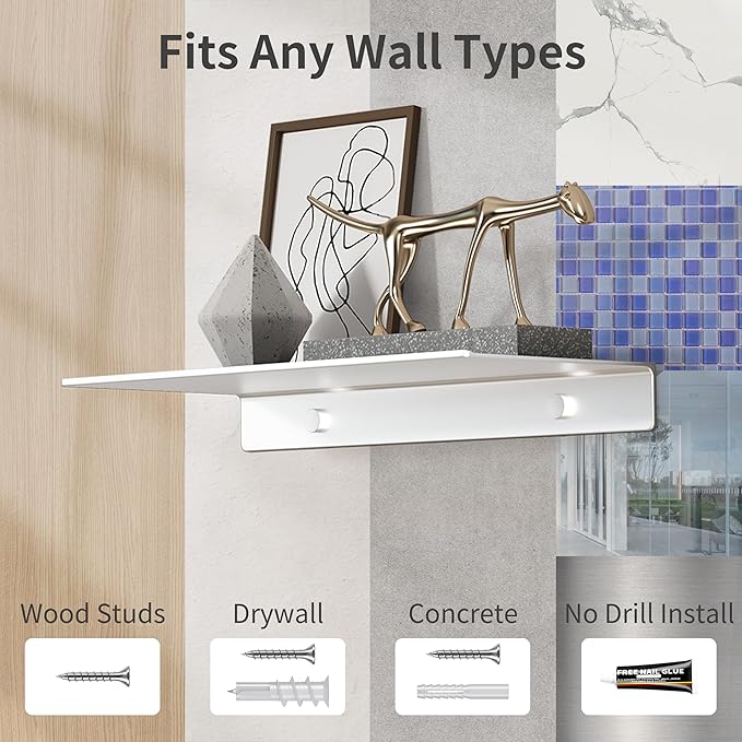 Danpoo Adhesive Floating Shelves for Wall Storage, Metal Wall Shelves for Living Room, Bathroom, Kitchen, 12” Small Display Shelves for Collectibles(Silver, 2 PCS)