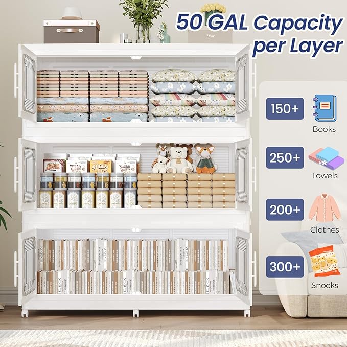KuyiGame 250Gal Exra Large Stackable Storage Bins with Lid, 1000QT Collapsible Storage Box with 6x Wheels, Folding Plastic Cabinet Container with Door Drawer for Home Kitchen Office Dorm, 5Pack White