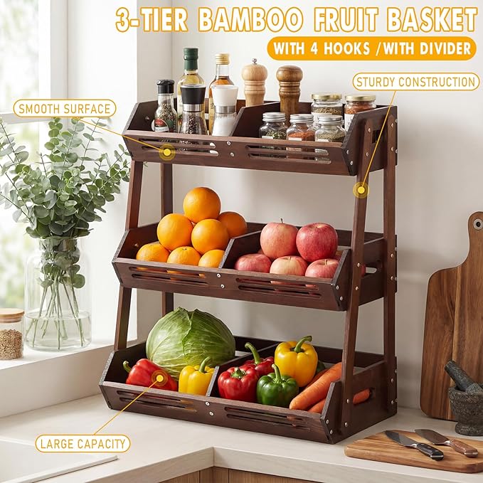 3 Tier Fruit Basket for Kitchen Counter Fruit Storage Large Wood Vegetables Basket with Banana Hooks Bowl Stand Holder Snack Organizer Countertop Onion Bread Pantry