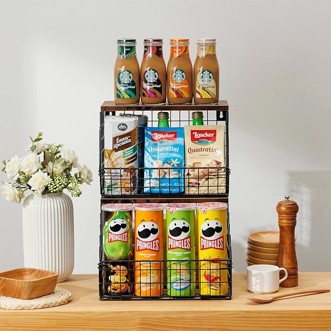 Kitchen Storage Baskets Fruit and Vegetable Baskets for Kitchen Countertop, 2 Sets Wire Wall Fruit Basket, 2 Tiered Hanging Produce Onion Potato Storage Snack Door Pantry Organizer