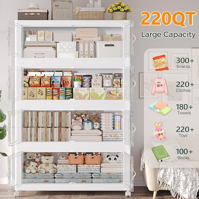 Atrasee 1100QT Extra Large Stackable Storage Bins with Lid, 275Gal Collapsible Closet Organizer Box with Wheels, Folding Plastic Storage Cabinet with Doors for Home Bedroom Office Dorm, 5Pack White