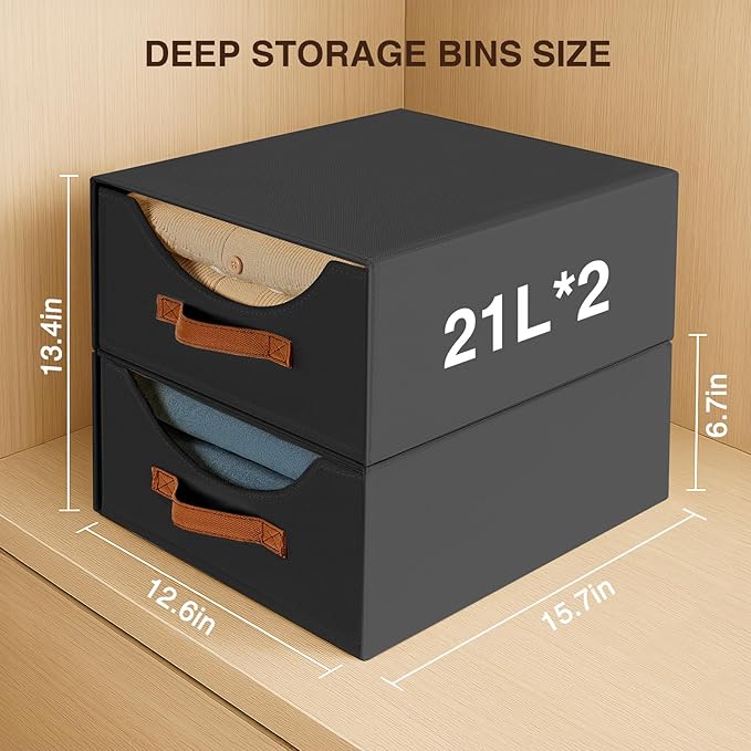 Closet Organizers and Storage - Large Stackable Storage Bins with Drawer, Fabric Bins for Organization, Collapsible Storage Drawers Organizer for Bedroom, Living Room, 4 Pack, Black