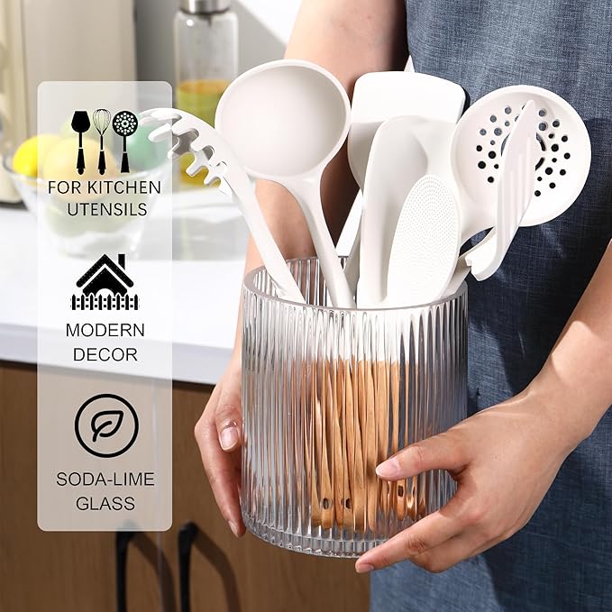 Utensil Holder, 6.3" Glass Kitchen Utensil Holder for Countertop, Large Cooking Utensil Holders for Kitchen Counter, Utensil Crocks for Farmhouse Decor
