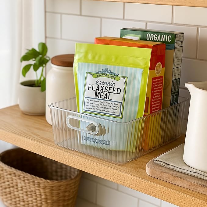 Oggi Clear Fluted Storage Bin with Handle - Durable Plastic Organizer for Fridge, Pantry, Cabinets & Countertop, Modern Farmhouse Style, Ideal for Kitchen Organization and Storage, 11.75" x 8.25"