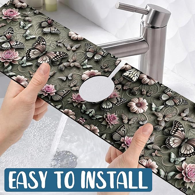 Cute Butterfly Sink Faucet Absorbing Mat Pink Flower Super Absorbent Fast Drying Mat Sink Gadgets Behind Faucet Sinkmat for Kitchen Bathroom, 23.5"x5.5"