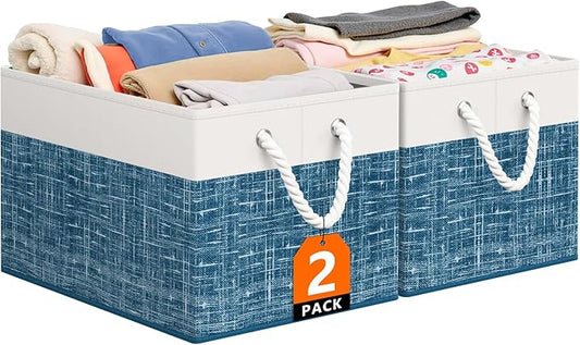 Storage Bin,Collapsible Storage Basket For Organizing,Large Storage Boxes With Rope Handles,Storage Containers,White & Blue,2 Pack