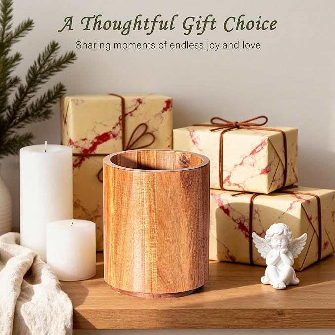 Criusia Utensil Holder 3 Pack, 360° Rotating Acacia Wood Cooking Utensil Crocks for Kitchen Counter, Farmhouse & Modern Decor, (1 Large, 1Medium, 1 Small)