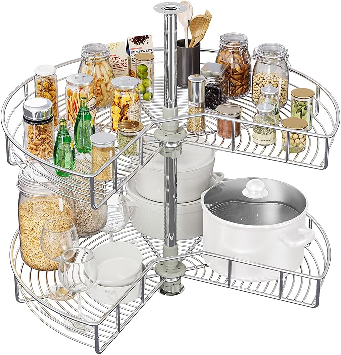 YITAHOME 31" Lazy Susan Turntable with Chrome Pie-Cut Design, 270° Chrome Corner Organizer with 2 Shelves and Adjustable Height for Cabinet, Silver