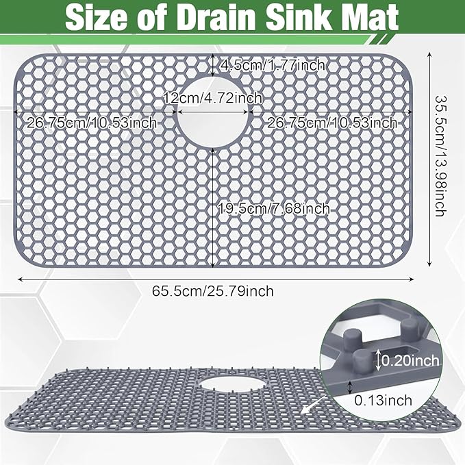 Inchoco Sink Protectors Mat - 25.79"x13.98" Kitchen Sink Pad for Bottom of Basin for Protection of Stainless Steel and Tableware, Farmhouse Rubber Basin Mat Protector with Rear Drain - Light Gray