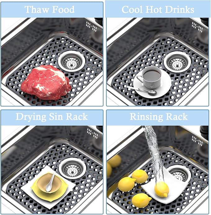BEHOK 2 Pack Silicone Sink Protector for Kitchen Sink Bathroom, 13.58" x 11.6" Heat-resistant Sink Mat Non-Slip and Durable Silicone Protectors, Rear Drain, Gray