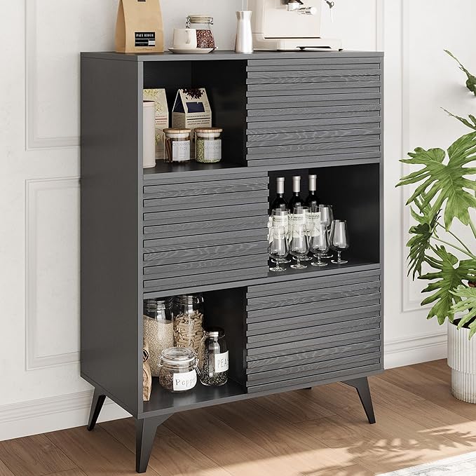 IDEALHOUSE Fluted Cabinet with Sliding Doors, Modern Wooden Storage Cabinet with Metal Base, 31 Inch Sideboard Cabinet with Storage for Dining Room,Living Room, Entryway