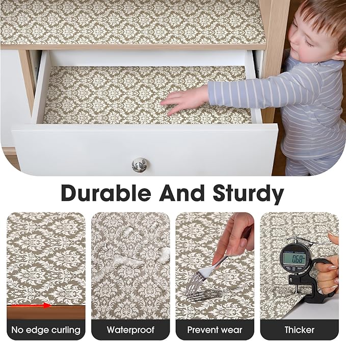 ALIUNI Drawer and Shelf Liner, Non-Slip Kitchen Cabinet Liners Non-Adhesive Thick Strong Grip Waterproof Washable Mats Protect Dresser Shelves Cupboard Bathroom Cabinets, Boho: Beige, 24 in X 30 FT
