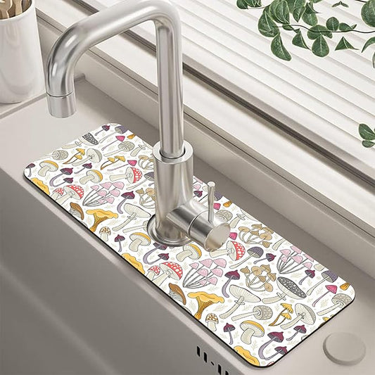 Kitchen Sink Splash Colorful Mushrooms Guard Faucet Mat Super Absorbent Fast Drying Mat Guard Behind Faucet Drip Catcher for Kitchen Bathroom, 15.5"X5.5"
