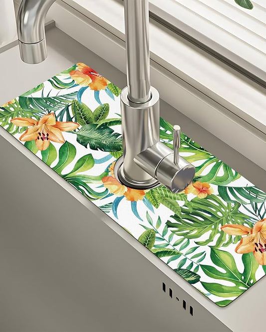 Patterned Sink Faucet Mat Kitchen Splash Guard Super Absorbent Drying Mat, Non-Slip Drain Pad for Kitchen Counter or Bathroom-15x5.5in