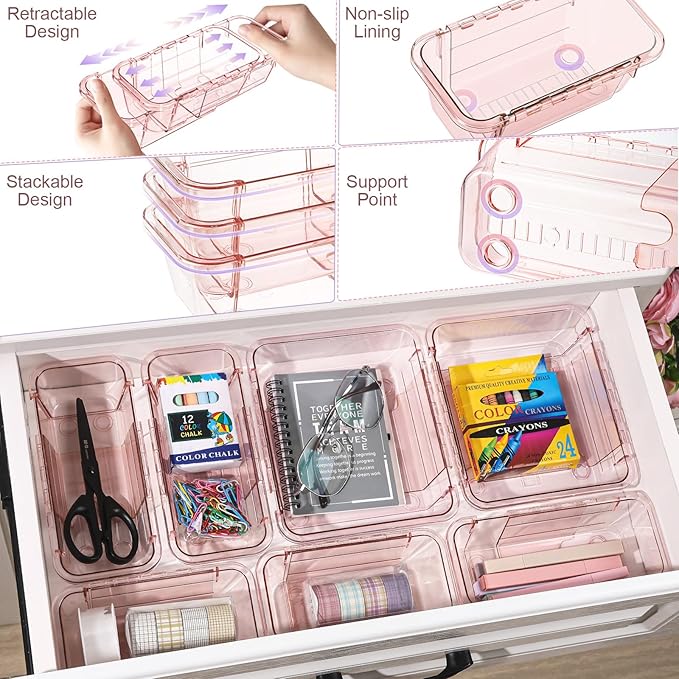 15 Pcs Adjustable Clear Drawer Organizer, All Extendable Vanity Storage Bins, Desk Drawer Organizer Set for Makeup, Cosmetics, Bedroom, and Gadgets, Pink
