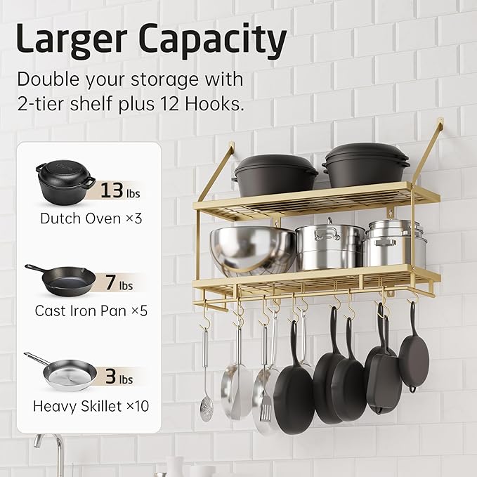 KES 30-Inch Gold Pot Rack Wall Mounted, 2-Tier Hanging Pot and Pan Organizer with 12 Sturdy Hooks, Elegant Modern Kitchen Wall Hanger Shelves, KUR215S75B-GD