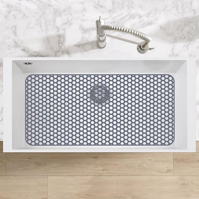 Bestjing Silicone Sink Protectors for Kitchen Sink - 28.3"x 15.7" Kitchen Protector Mat Accessory, Non-Slip Heat Resistant Mat for Bottom of Farmhouse Stainless Steel Porcelain (Gray)