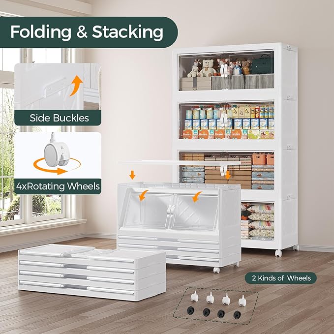 Atrasee 480QT Extra Large Stackable Storage Bins with Lid, 120Gal Collapsible Closet Organizer Box with Wheels, Folding Plastic Storage Cabinet with Doors for Home Bedroom Office Dorm, 4Pack White