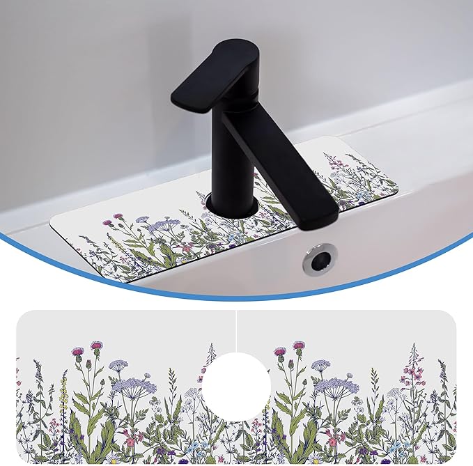 Faucet Mat Splash Guard Botanical Herbs Wild Flower, Soft Diatom Mud Material, Strong Water Absorption, Non-slip,Easy to Clean for Bathroom, Kitchen 15"X5.5"