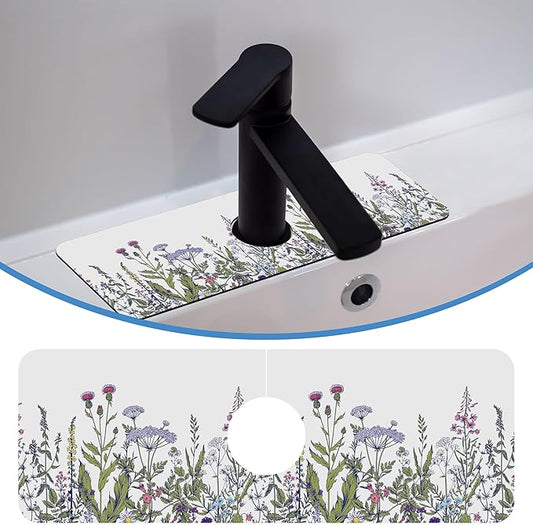 Faucet Mat Splash Guard Botanical Herbs Wild Flower, Soft Diatom Mud Material, Strong Water Absorption, Non-slip,Easy to Clean for Bathroom, Kitchen 15"X5.5"
