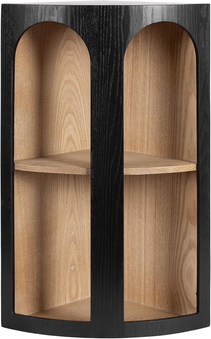 Kate and Laurel Elloree Modern Corner Shelf Cabinet for Storage and Display, 16 x 11 x 24, Black and Natural, Transitional Corner Storage for Use as Living Room Shelving or Bedroom Storage Design