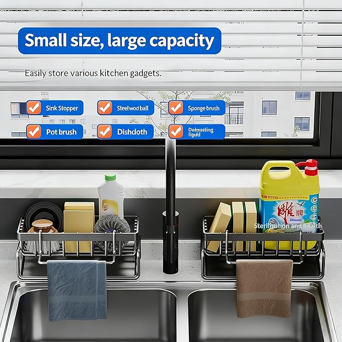 Sink Caddy Organizer - Stainless Steel Sponge Holder for Kitchen Sink with Brush Holder, Automatic Self-Draining Tray, Rustproof Compact Sink Organization for Countertop, 2-in-1 Design.