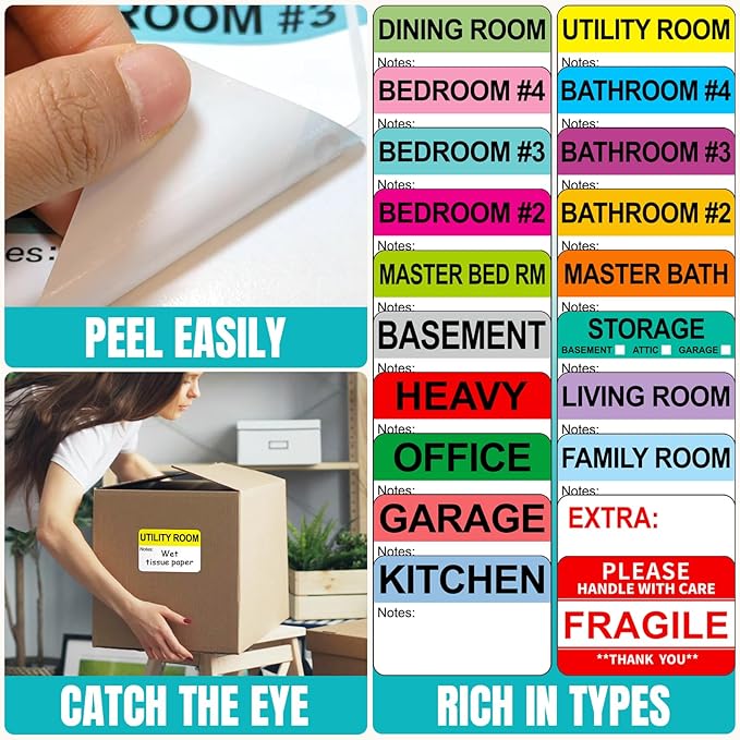 Kingtac 600 Writable Home Moving Stichers - 2' x 3', 20 Color-Coded Home Moving Packing Labels with Fragile, Extra, Heavy Options.Stick to Cardboard Boxes and Plastic Bins, No Extra Tape Needed