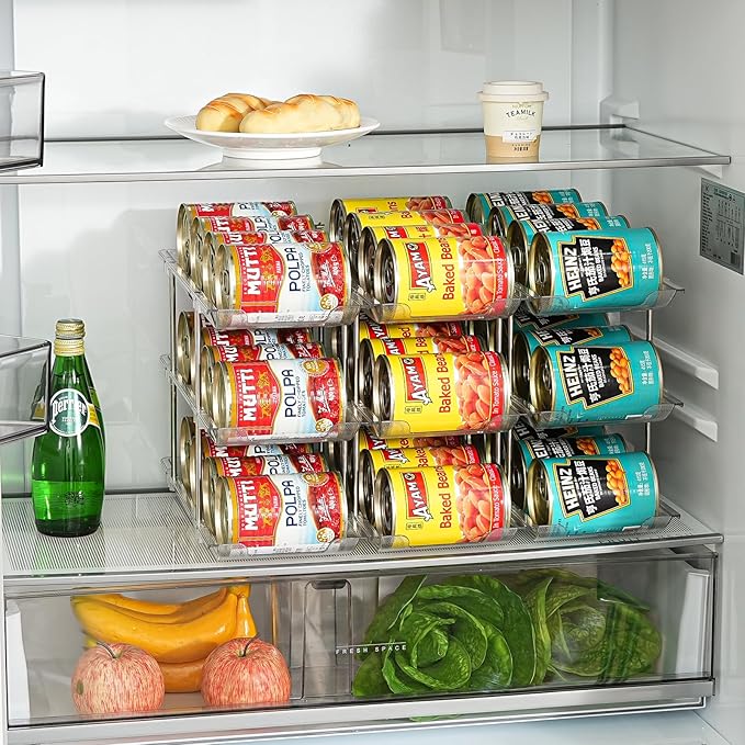 Can Organizer for Pantry， Stacking Can Storage Organizer Pantry，Automatic Can Rack for Fridge, 3Tire 3 Columns Can Holder for 36 Cans, Canned Goods Organizer