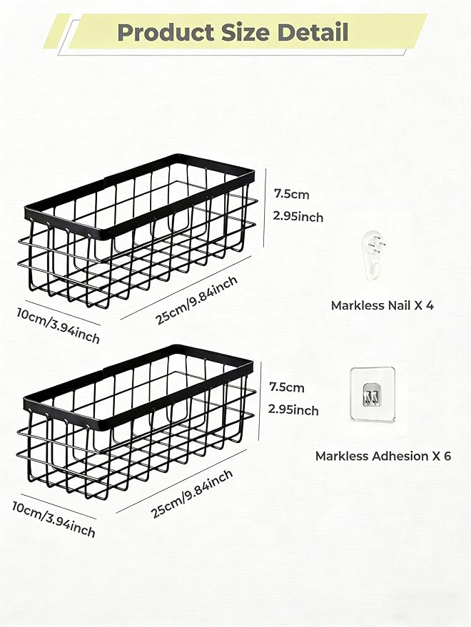 YICKHEWEN Hanging Wire Storage Baskets, Metal Wall Organizer, Adhesive Wall Storage Shelves for Kitchen, Bathroom Pantry (Spice Rack, Cabinet Organizer, Shower Caddy) Black-2 Packs