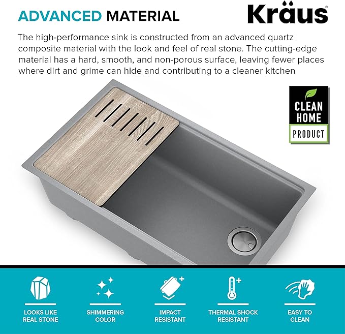 KRAUS Kitchen Sink Bellucci 32” Undermount Workstation Granite, Metallic Gray, Accessories, KGUW2-33MGR