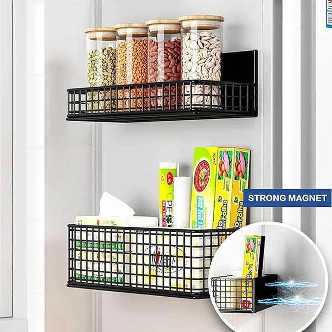 LIFEFAN Magnetic Basket Fridge Large Magnetic Pen Holder Whiteboard Metal Wire Basket Storage Item Organizer (White-Low)