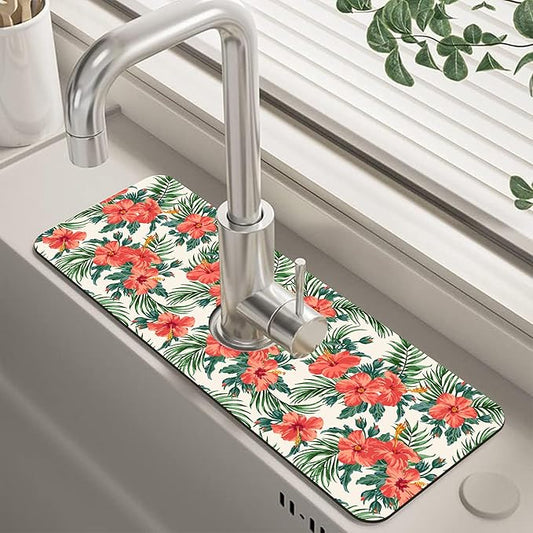 Tropical Leaves and Red Floral Kitchen Sink Splash Guard Mat Absorbent Fast Drying Mat Faucet Draining Mat Sink Splash Guard Behind Faucet Drip Catcher for Kitchen Bathroom 5.5"×15"