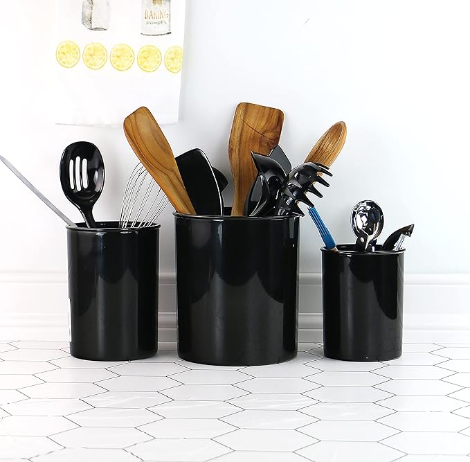 Reston Lloyd Extra-Large Multipurpose Utensil Crock for – BPA-Free Plastic Kitchen Tool Holder for Countertop, Camping, RV, Craft Desk, Wine Cooler, Garden, Patio Organizer - Black