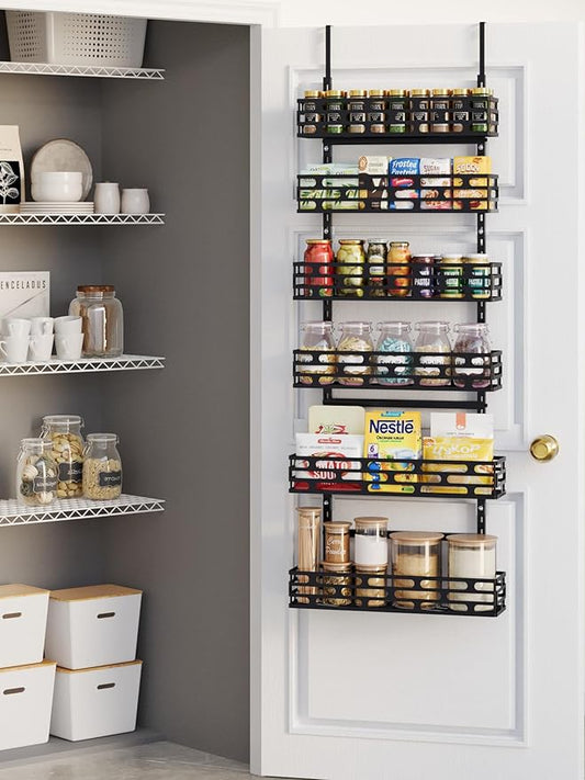 6-Tier Over The Door Pantry Organizer, Pantry Organizers and Storage, Metal Hanging Spice Rack, Over The Door Organizer for Home & Kitchen, Laundry Room Bathroom, Black