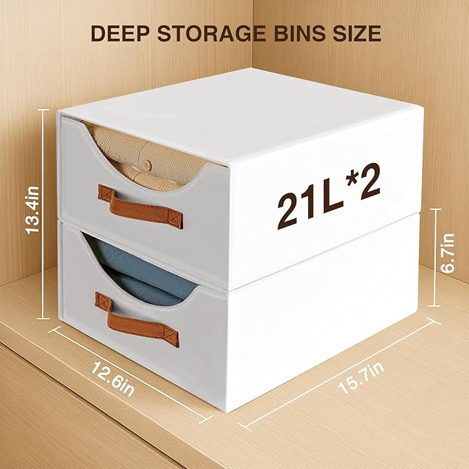 Large Stackable Storage Bins - Fabric Pull-out Closet Shelf Organizer, Linen Closet Organizers and Storage, Decorative Storage Boxes for Bedroom, Office, Dorm, 3 Pack, White