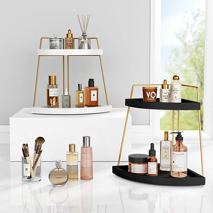 Forbena Black and Gold Corner Bathroom Counter Organizer, Modern Kitchen Countertop Shelf Organizer for Sink, Two Tier Makeup Vanity Storage Holder Tray for Table Top Skincare Perfume Decor