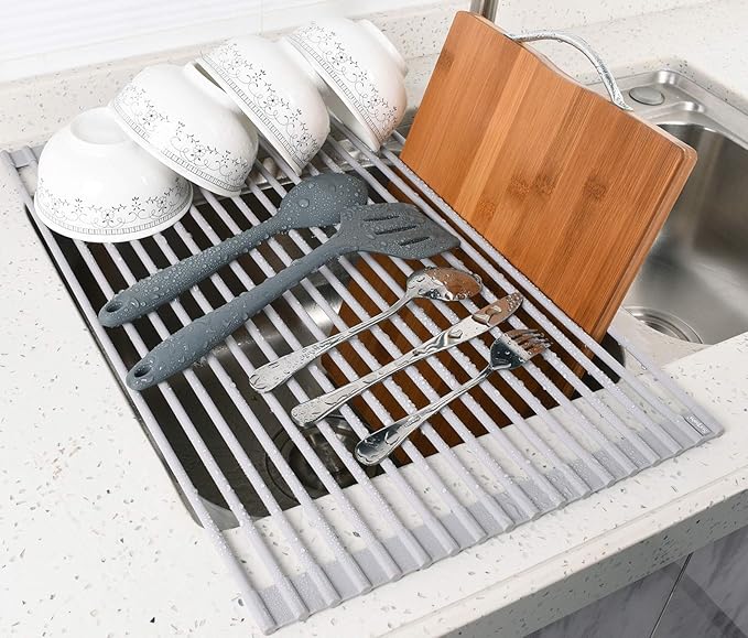 Surpahs Roll-Up Dish Drying Rack, Warm Gray, 20.5" x 13.1", Fits Sinks up to 19.5" Wide, Silicone-Coated Stainless Steel