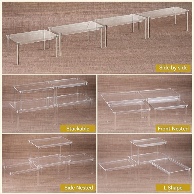 4 Pack Clear Kitchen Cabinet Organizer, Stackable Acrylic Tiered Spice Organization Display Shelf for Cabinet Shelf Desk Countertop Organizer