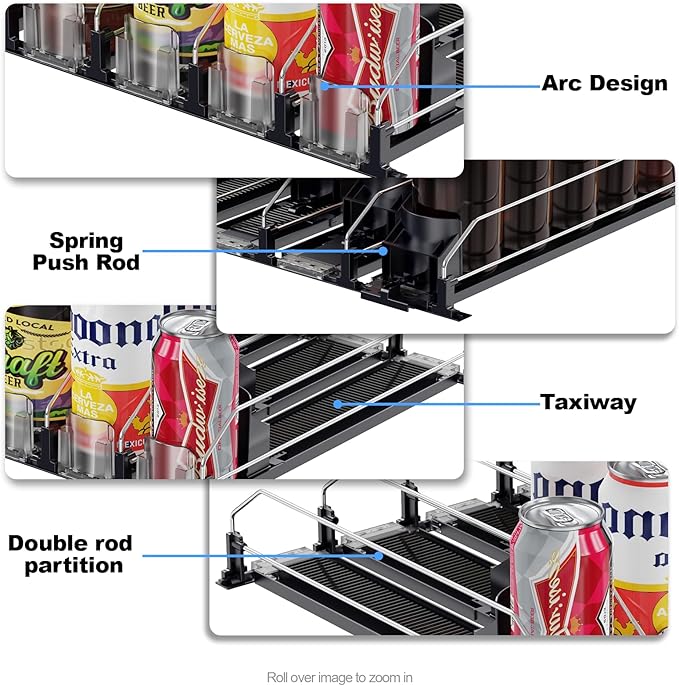 Drink Organizer for Fridge,12oz 16oz 20oz - Soda Can Dispenser for Refrigerator,Width Adjustable,Automatic Pusher Glide (Black, 15"D 5ROW, Holds 25 Cans)